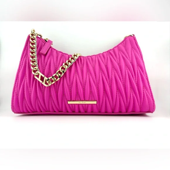 Aldo Hot Pink Quilted Chain Shoulder Bag w/ Coin Pouch & Removable Guitar Strap - Picture 5 of 10